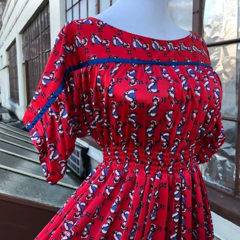 VTG Betsey Johnson Anchor Print Red Sailor Dress S